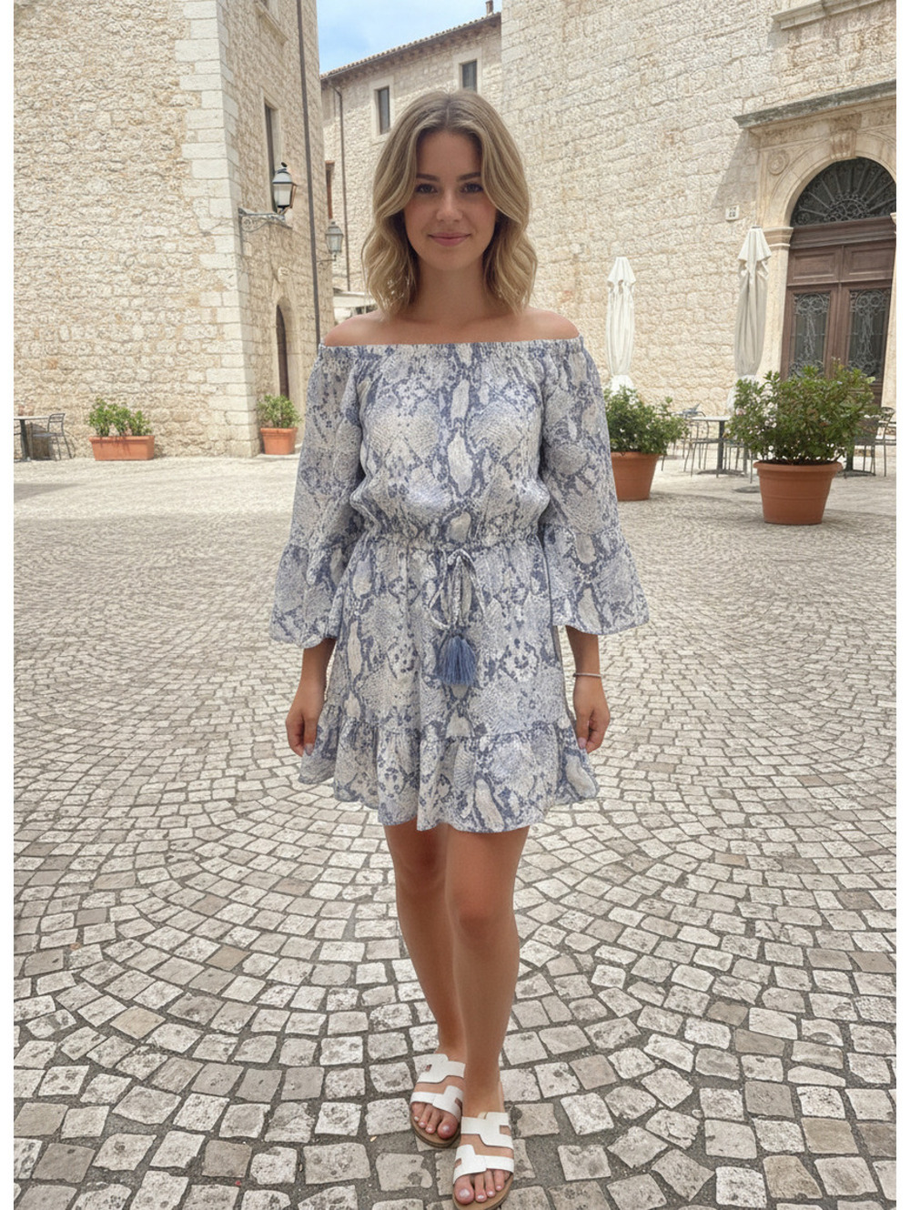 Blue Island XS Boho Mini Dress Gray Ivory Metallic Bell Sleeve Tassel Waist
